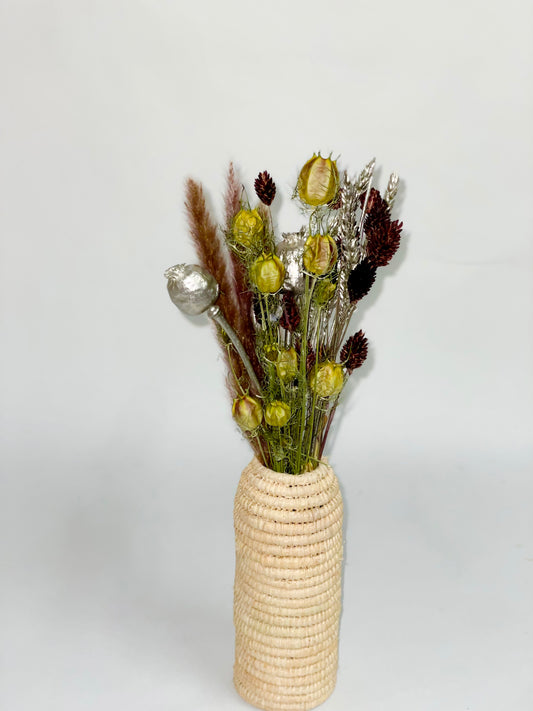 Bouquet of natural green, silver and brown dried flowers