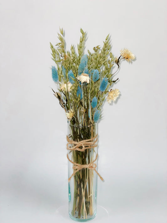 Bouquet of dried blue, green and white flowers